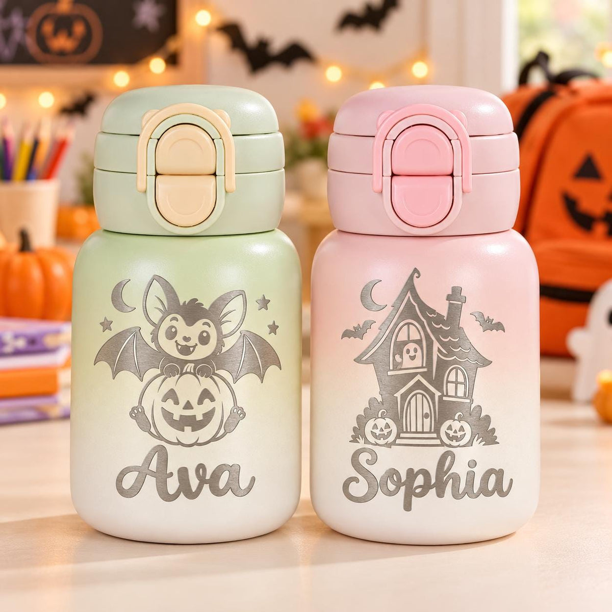 Personalized Kids Water Bottle, Halloween Kids Tumbler, 17oz Insulated Stainless Steel Cup, Halloween Gift