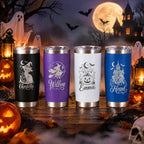 Personalized Halloween 20oz Tumbler, Engraved Witch Cat & Ghost Designs, Custom Name Travel Cup, Spooky Gift for Family and Friends