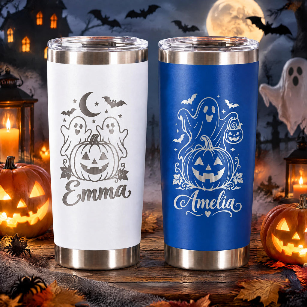 Personalized Halloween 20oz Tumbler, Engraved Witch Cat & Ghost Designs, Custom Name Travel Cup, Spooky Gift for Family and Friends