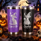 Personalized Halloween 20oz Tumbler, Engraved Witch Cat & Ghost Designs, Custom Name Travel Cup, Spooky Gift for Family and Friends