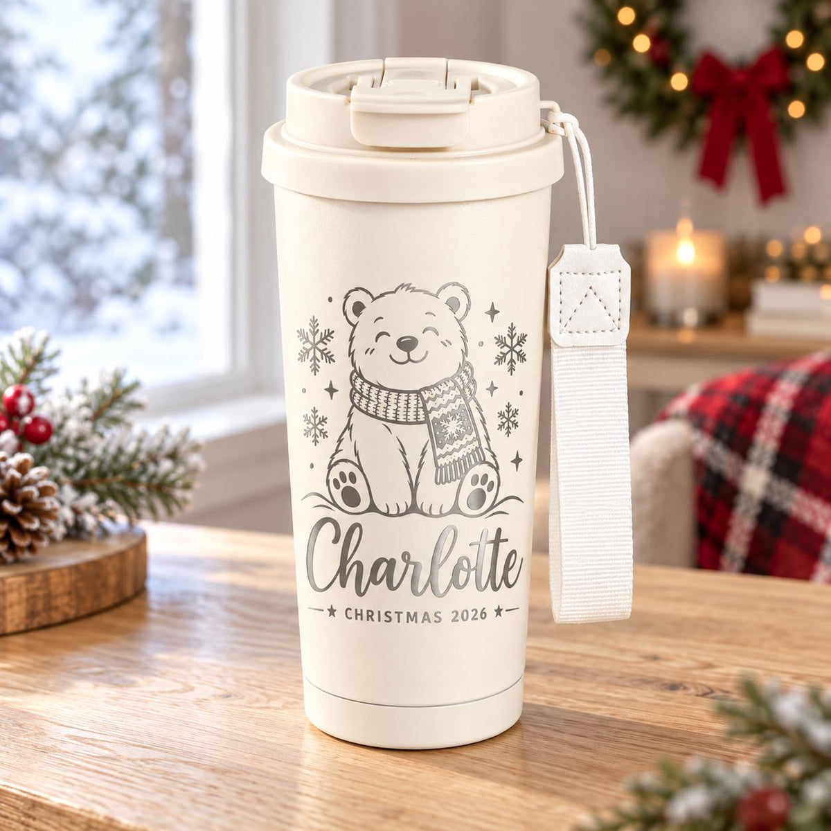 Personalized 500ml Christmas Travel Mug – Engraved Name & Flip-Top Lid