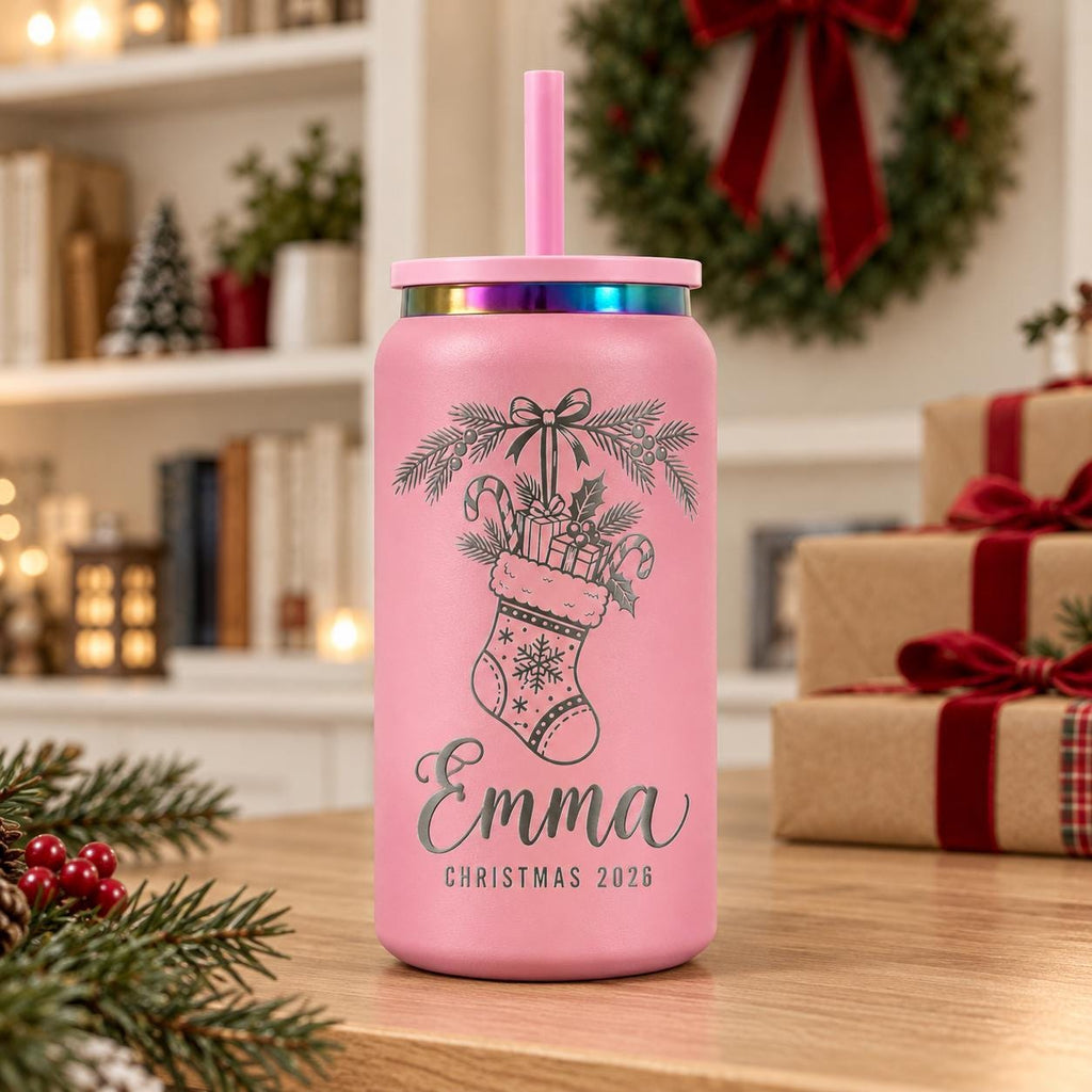 Personalized Can-Shaped Christmas Tumbler with Straw, Custom Name Stainless Steel Cup, Christmas Gift