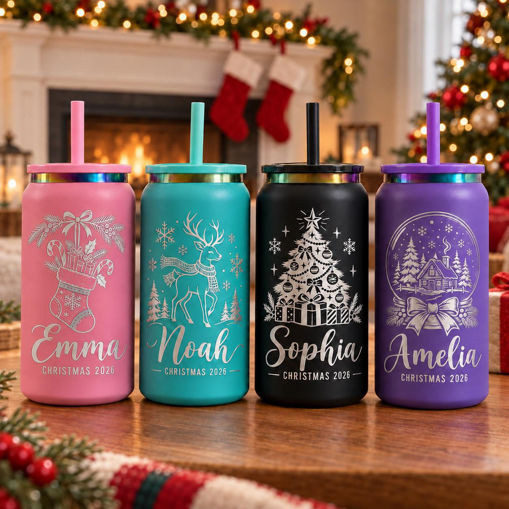 Personalized Can-Shaped Christmas Tumbler with Straw, Custom Name Stainless Steel Cup, Christmas Gift for Her