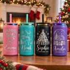 Personalized Can-Shaped Christmas Tumbler with Straw, Custom Name Stainless Steel Cup, Christmas Gift for Her