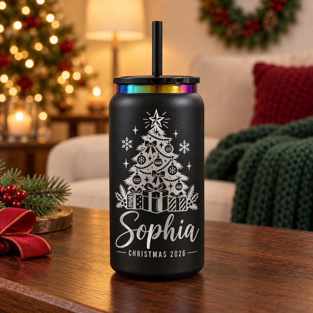 Personalized Can-Shaped Christmas Tumbler with Straw, Custom Name Stainless Steel Cup, Christmas Gift for Her