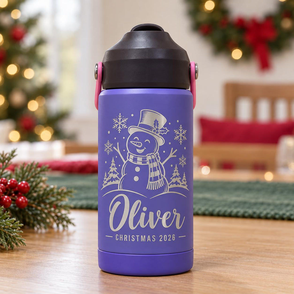 Personalized Kids Christmas Water Bottle with Straw, Custom Engraved Name Stainless Steel Bottle, Christmas Gift for Boys and Girls