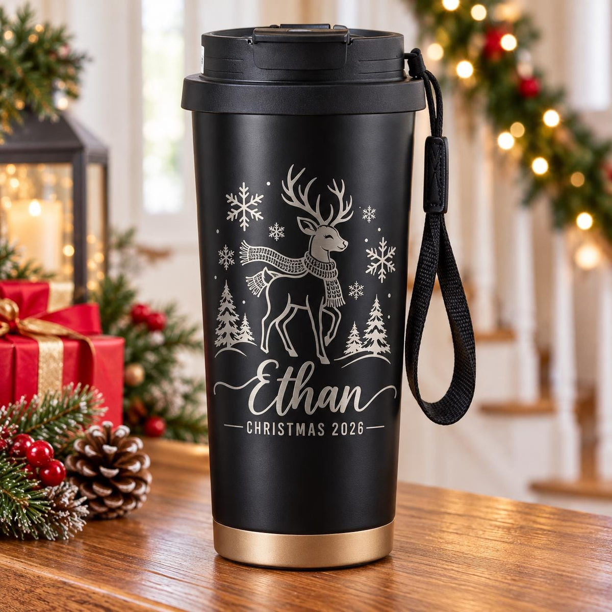 Personalized 500ml Christmas Travel Mug – Engraved Name & Flip-Top Lid