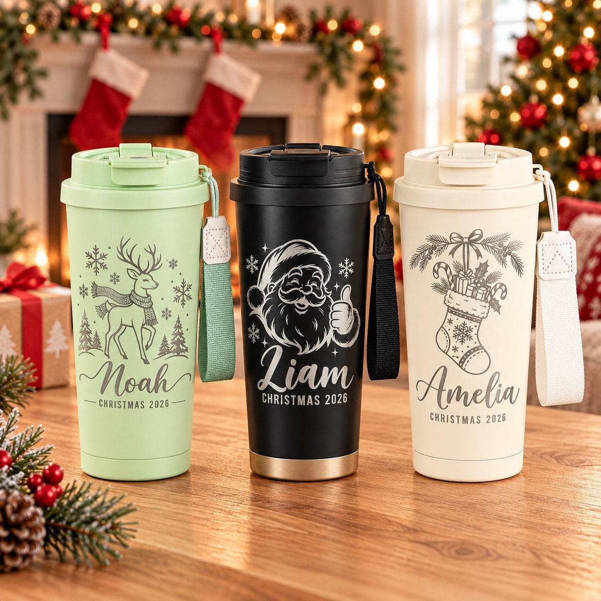Personalized 500ml Christmas Travel Mug – Engraved Name & Flip-Top Lid