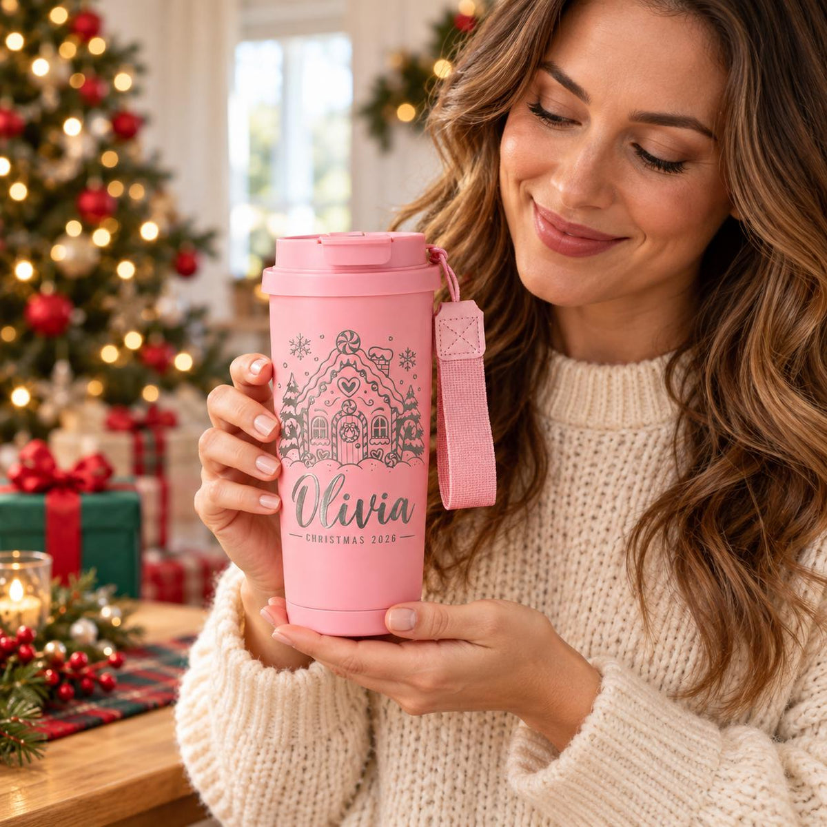 Personalized 500ml Christmas Travel Mug – Engraved Name & Flip-Top Lid