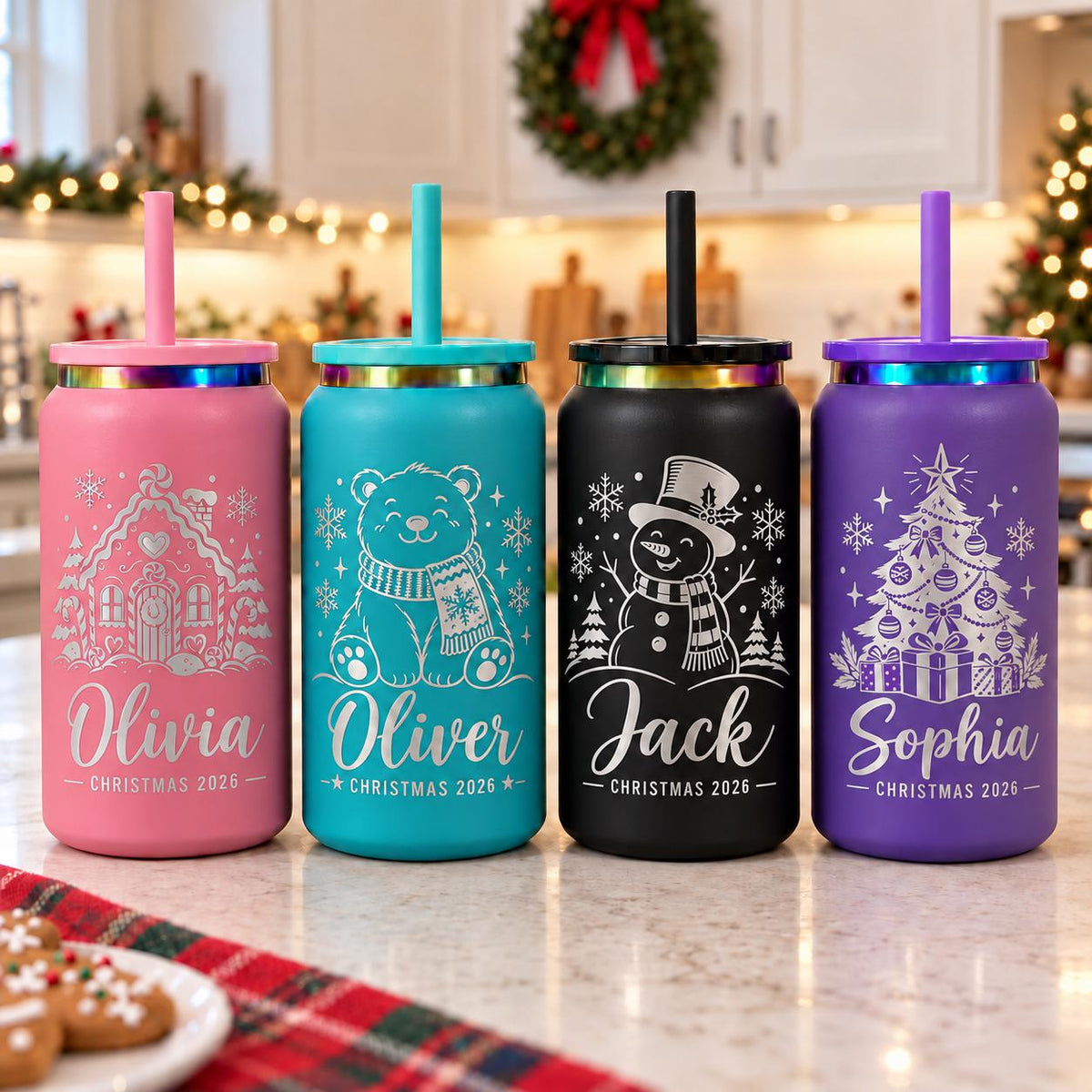 Personalized Can-Shaped Christmas Tumbler with Straw, Custom Name Stainless Steel Cup, Christmas Gift for Her