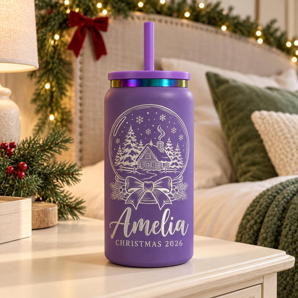 Personalized Can-Shaped Christmas Tumbler with Straw, Custom Name Stainless Steel Cup, Christmas Gift