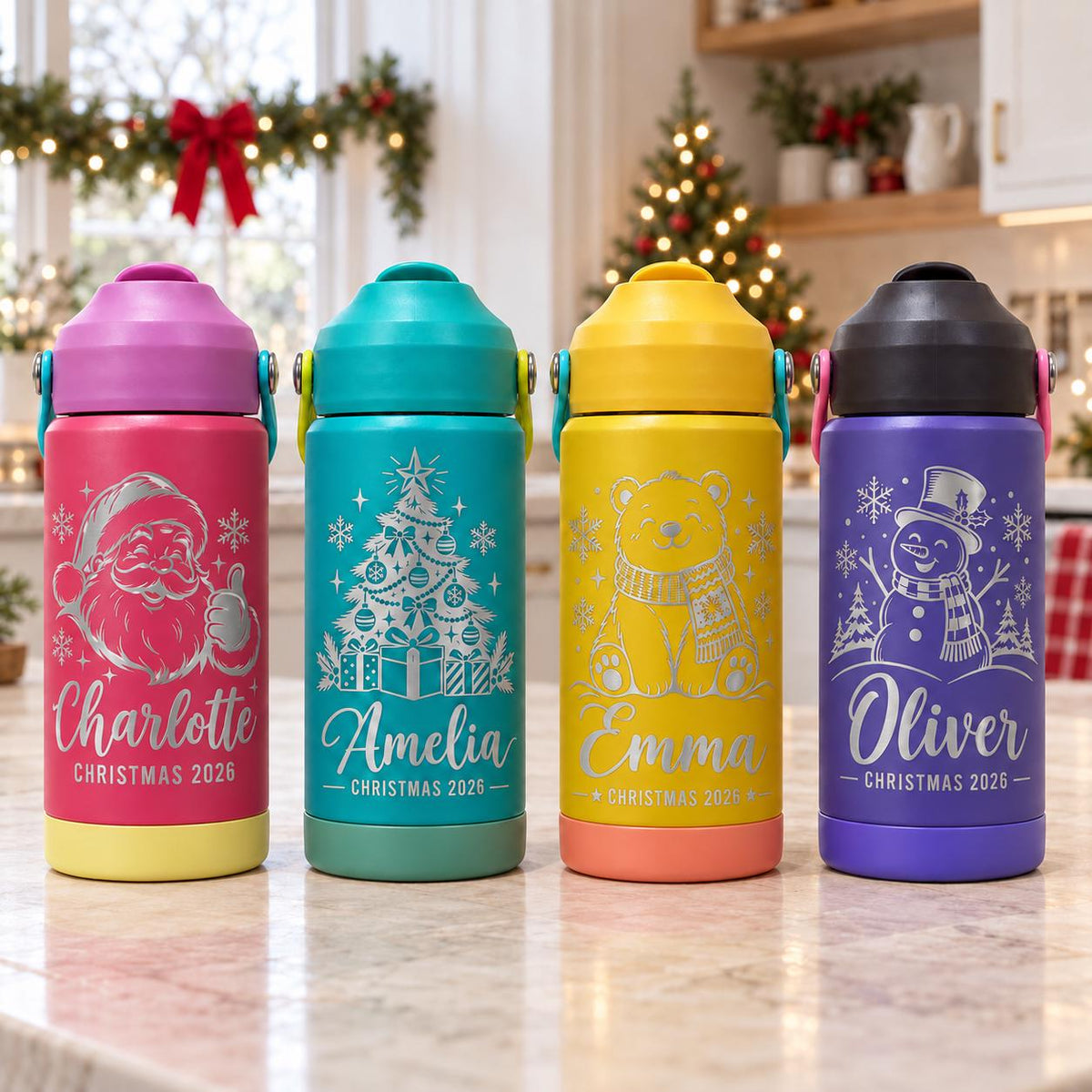 Personalized Kids Christmas Water Bottle, Custom Engraved Name Bottle, Christmas Gift for Boys and Girls