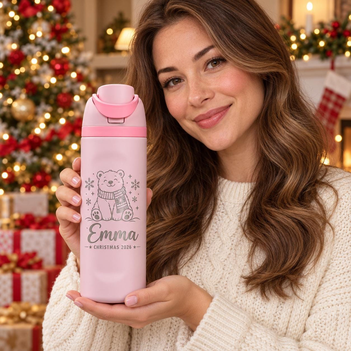 Personalized 32oz Kids Christmas Water Bottle – Custom Name Engraved