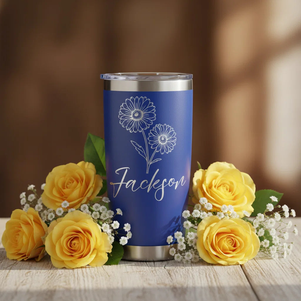 Custom Name Daisy Engraved 20oz Insulated Stainless Steel Tumbler with Sliding Lid