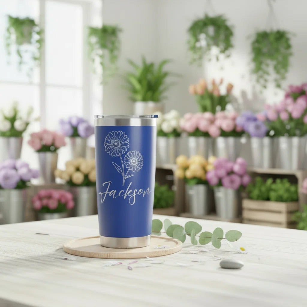 Custom Name Daisy Engraved 20oz Insulated Stainless Steel Tumbler with Sliding Lid