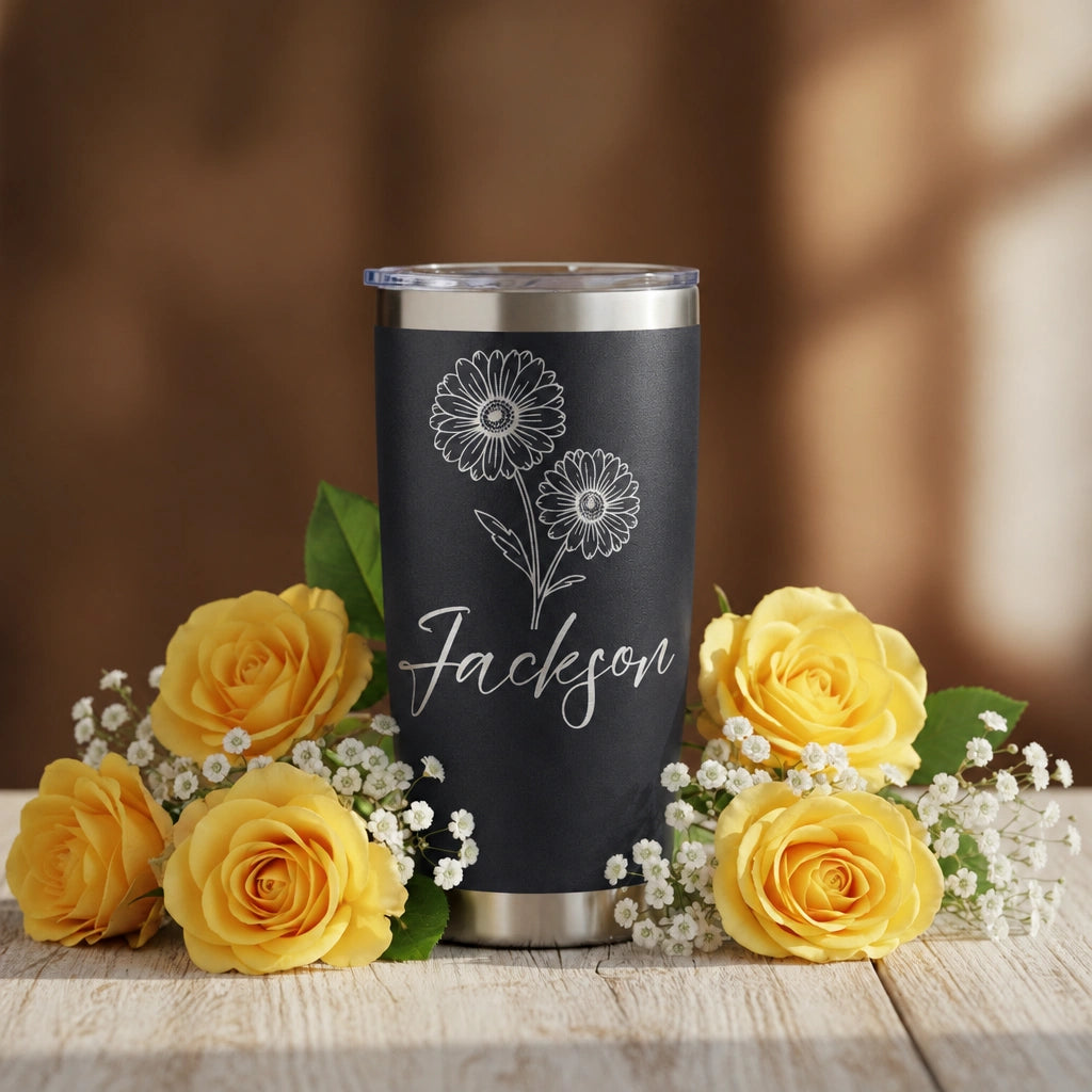 Custom Name Daisy Engraved 20oz Insulated Stainless Steel Tumbler with Sliding Lid
