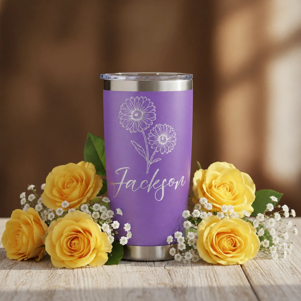 Custom Name Daisy Engraved 20oz Insulated Stainless Steel Tumbler with Sliding Lid