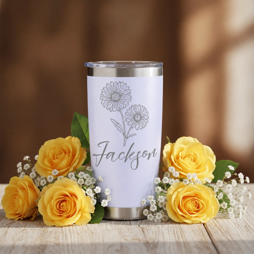 Custom Name Daisy Engraved 20oz Insulated Stainless Steel Tumbler with Sliding Lid