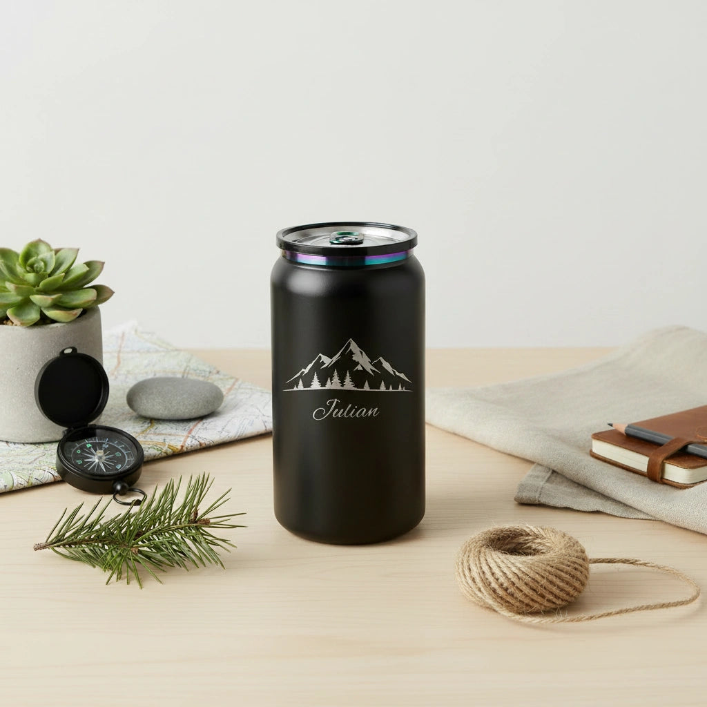Personalized Mountain Scene Can Tumbler 16oz | Laser Engraved Iridescent Lid | Custom Name Gift