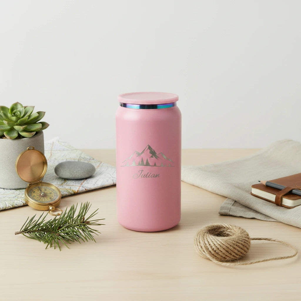 Personalized Mountain Scene Can Tumbler 16oz | Laser Engraved Iridescent Lid | Custom Name Gift