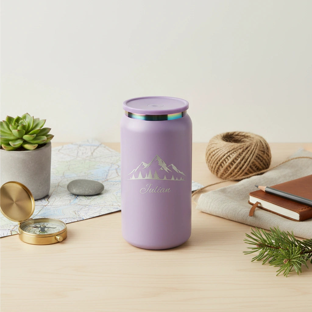 Personalized Mountain Scene Can Tumbler 16oz | Laser Engraved Iridescent Lid | Custom Name Gift