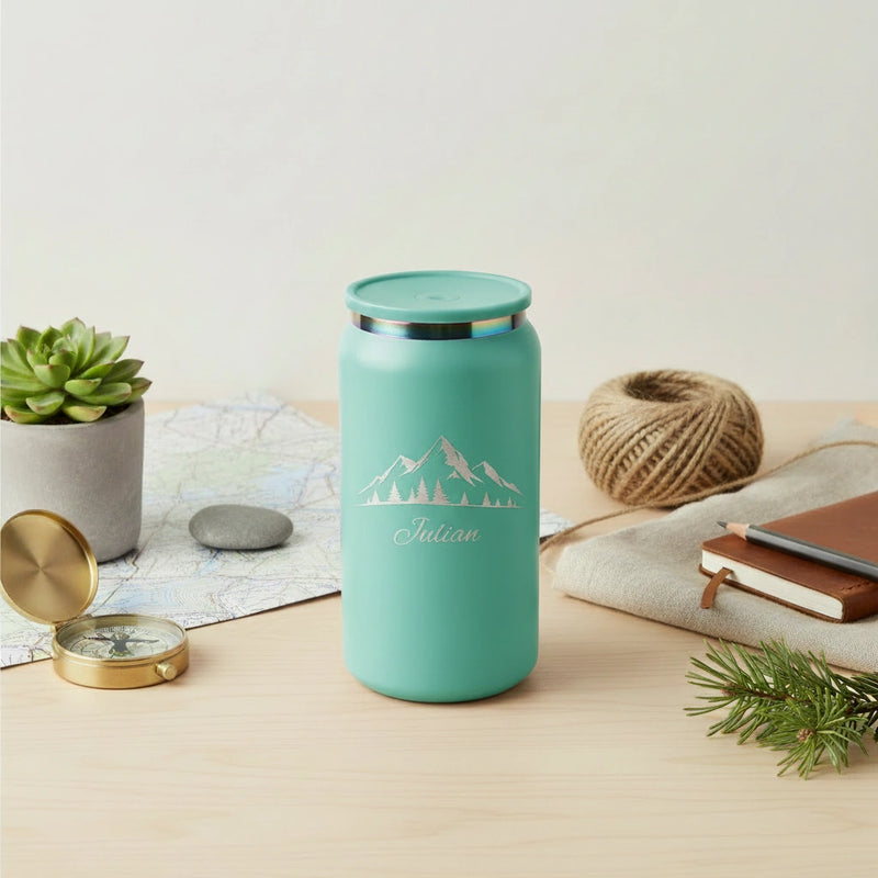 Personalized Mountain Scene Can Tumbler 16oz | Laser Engraved Iridescent Lid | Custom Name Gift