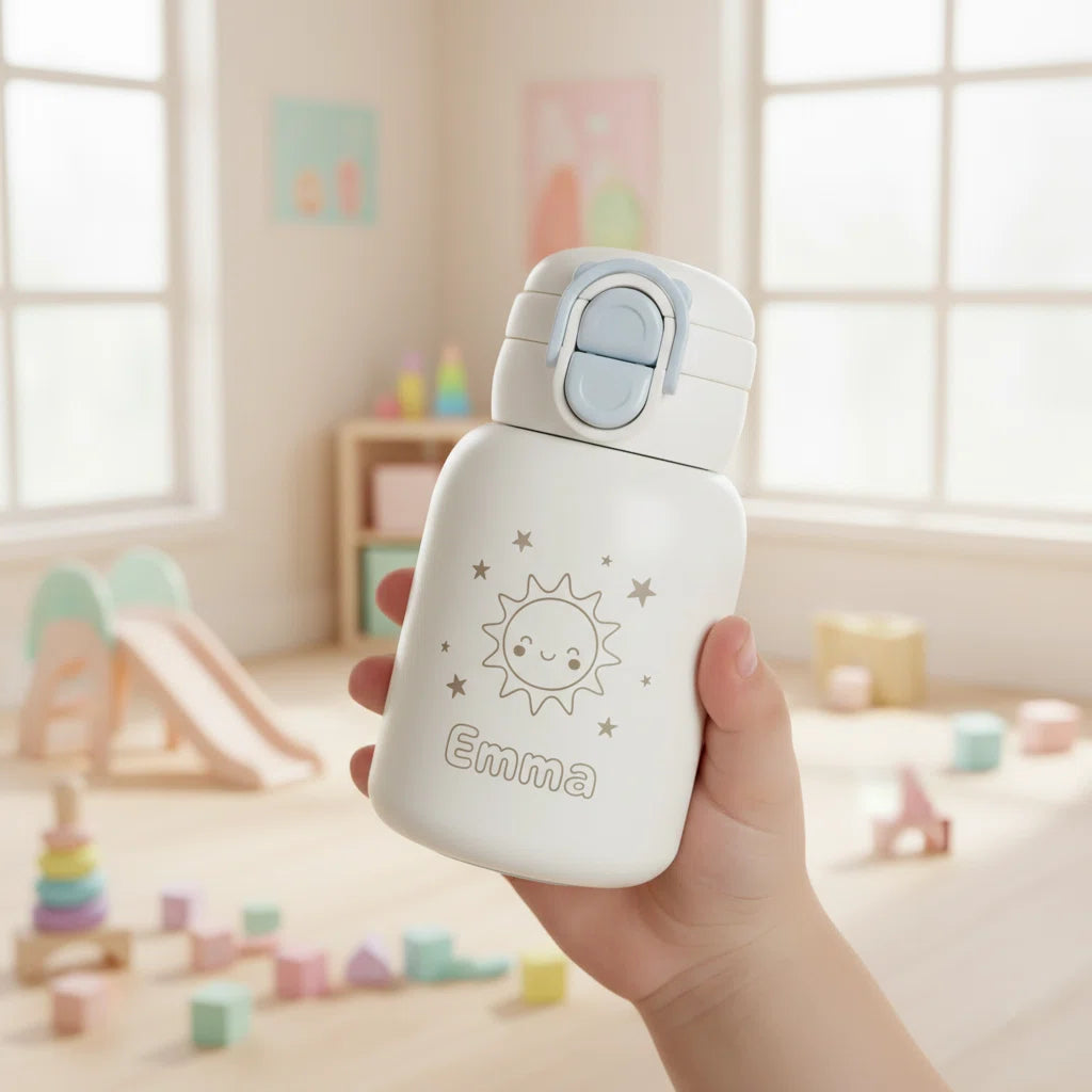 Personalized Kids Water Bottle — Custom Laser Engraved Name | Cute Sun & Stars Design | 17oz