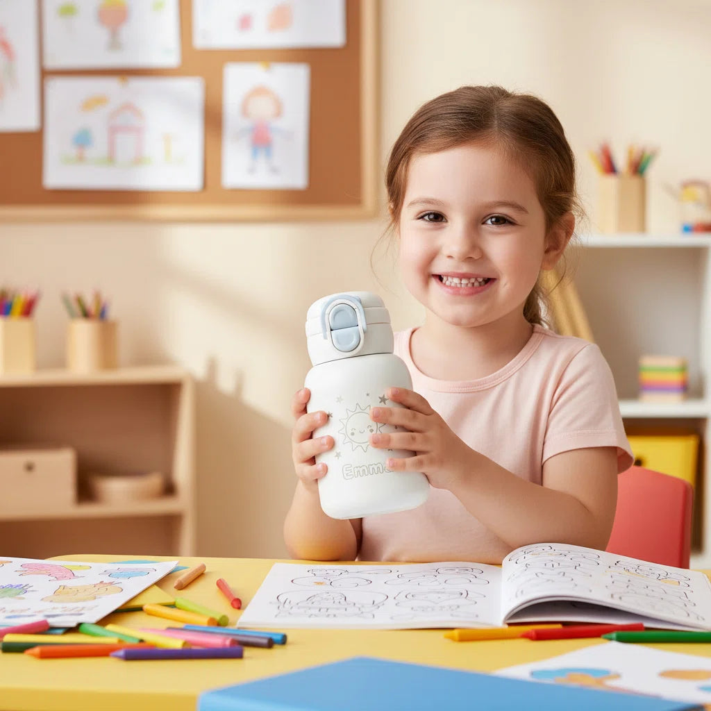 Personalized Kids Water Bottle — Custom Laser Engraved Name | Cute Sun & Stars Design | 17oz