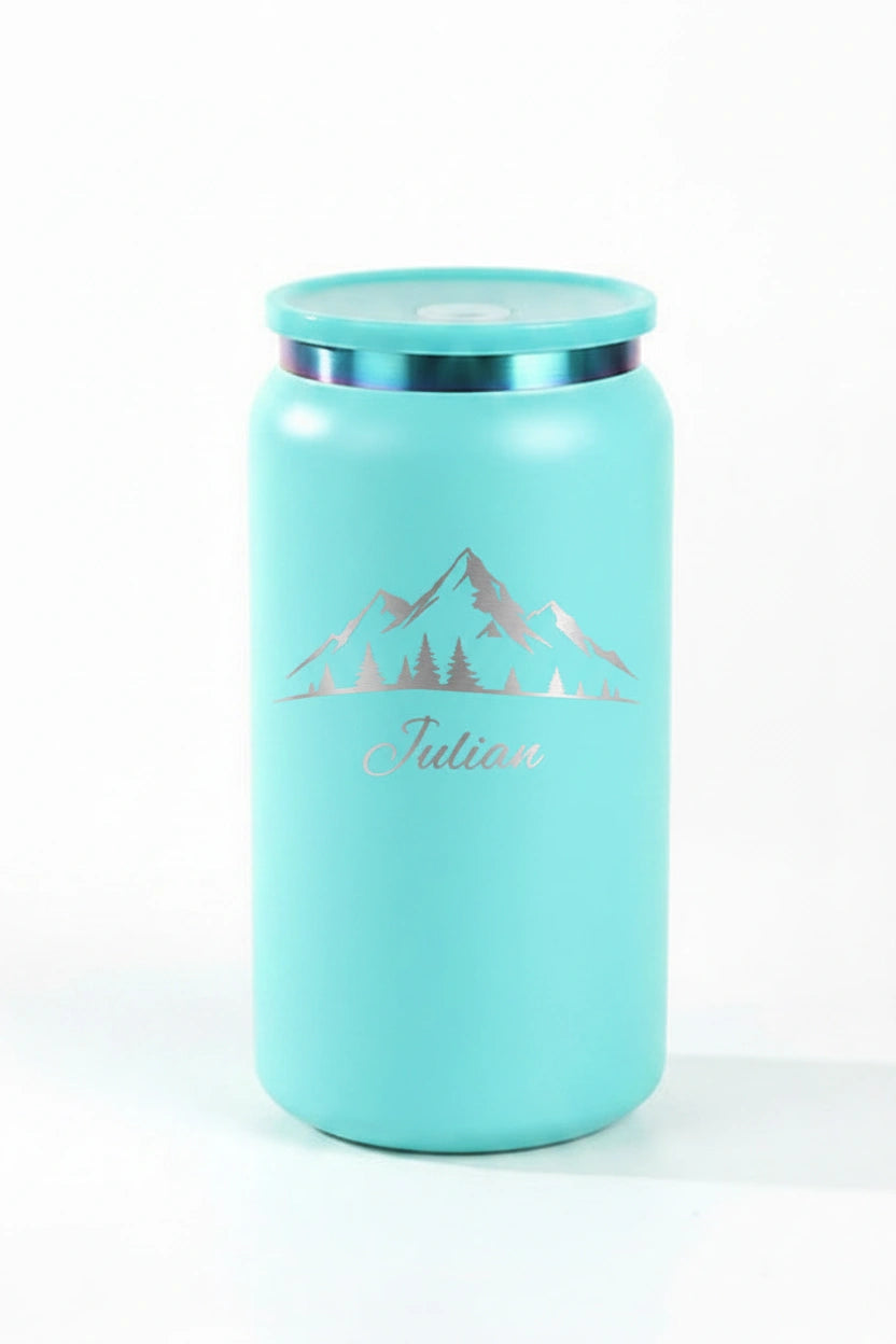 Personalized Mountain Scene Can Tumbler 16oz | Laser Engraved Iridescent Lid | Custom Name Gift
