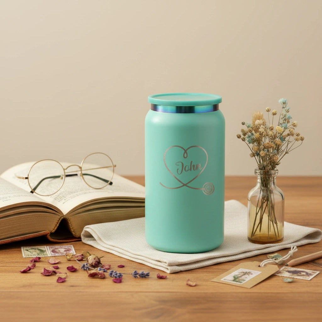 Personalized Heart Name Can Tumbler 16oz | Laser Engraved Iridescent Lid Custom Gift for Her