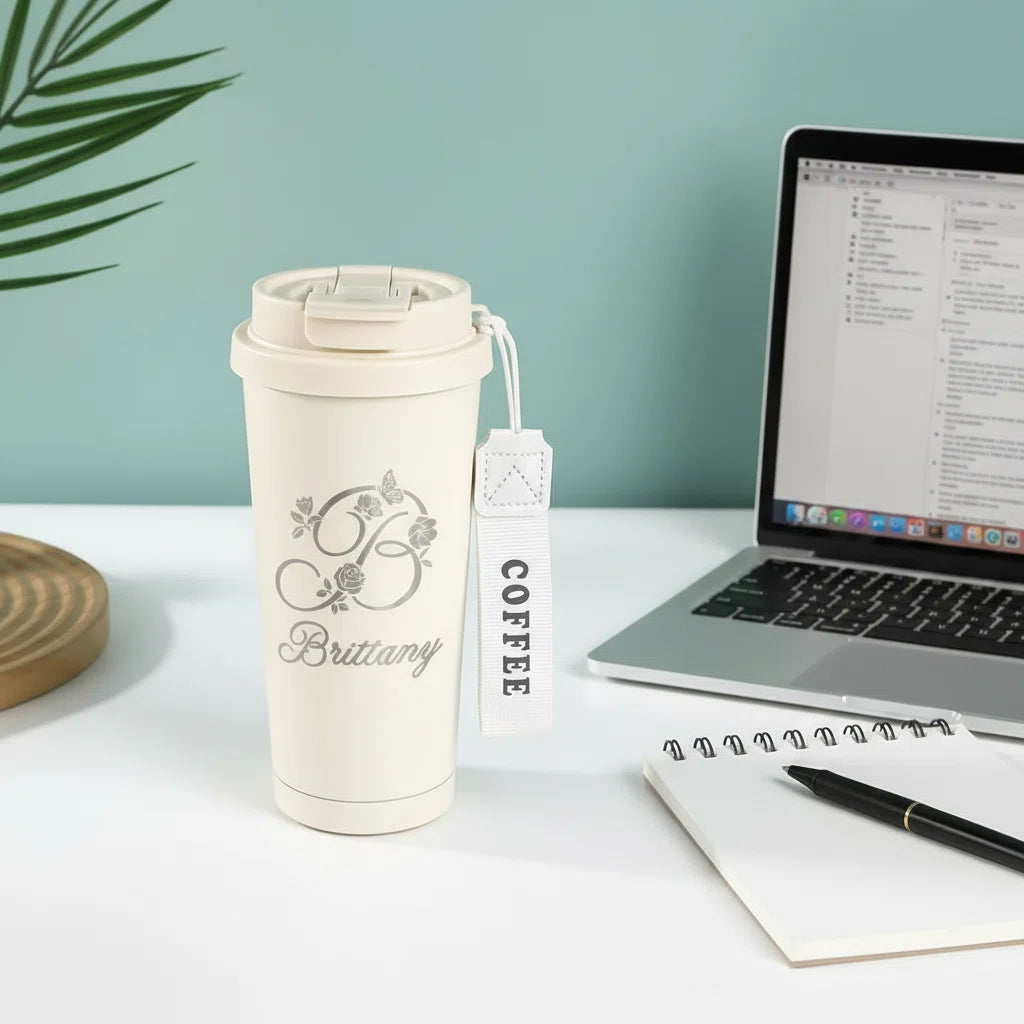 Personalized Laser Engraved Tumbler with Wrist Strap — Custom Monogram & Name | Rose Butterfly Design
