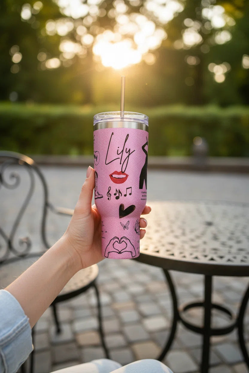 40oz Custom Handle Tumbler — Personalized Pink Glitter