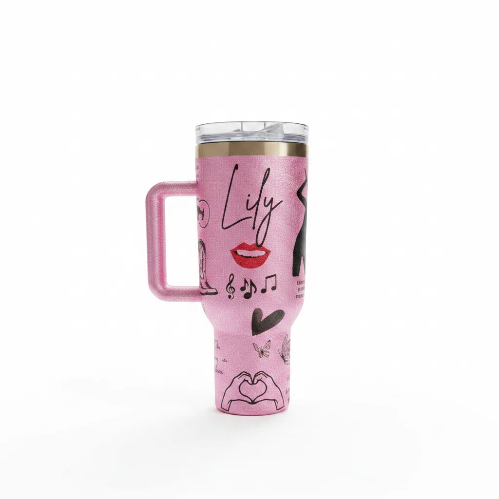40oz Custom Handle Tumbler — Personalized Pink Glitter