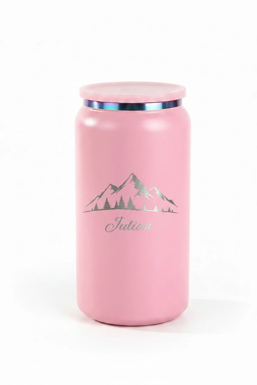 Personalized Mountain Scene Can Tumbler 16oz | Laser Engraved Iridescent Lid | Custom Name Gift