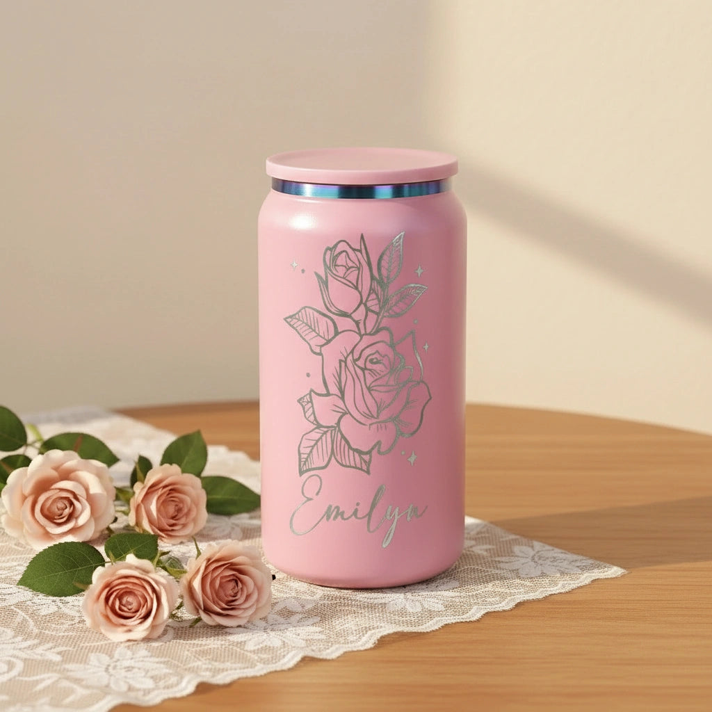 Personalized Rose Can Tumbler 16oz | Laser Engraved Iridescent Lid Custom Gift for Her