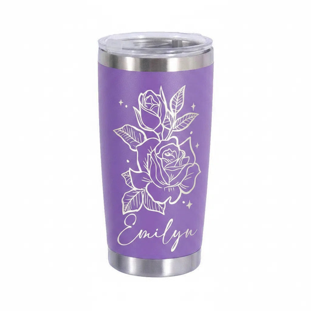 Personalized Rose Tumbler with Name | 20oz Laser Engraved Floral Tumbler