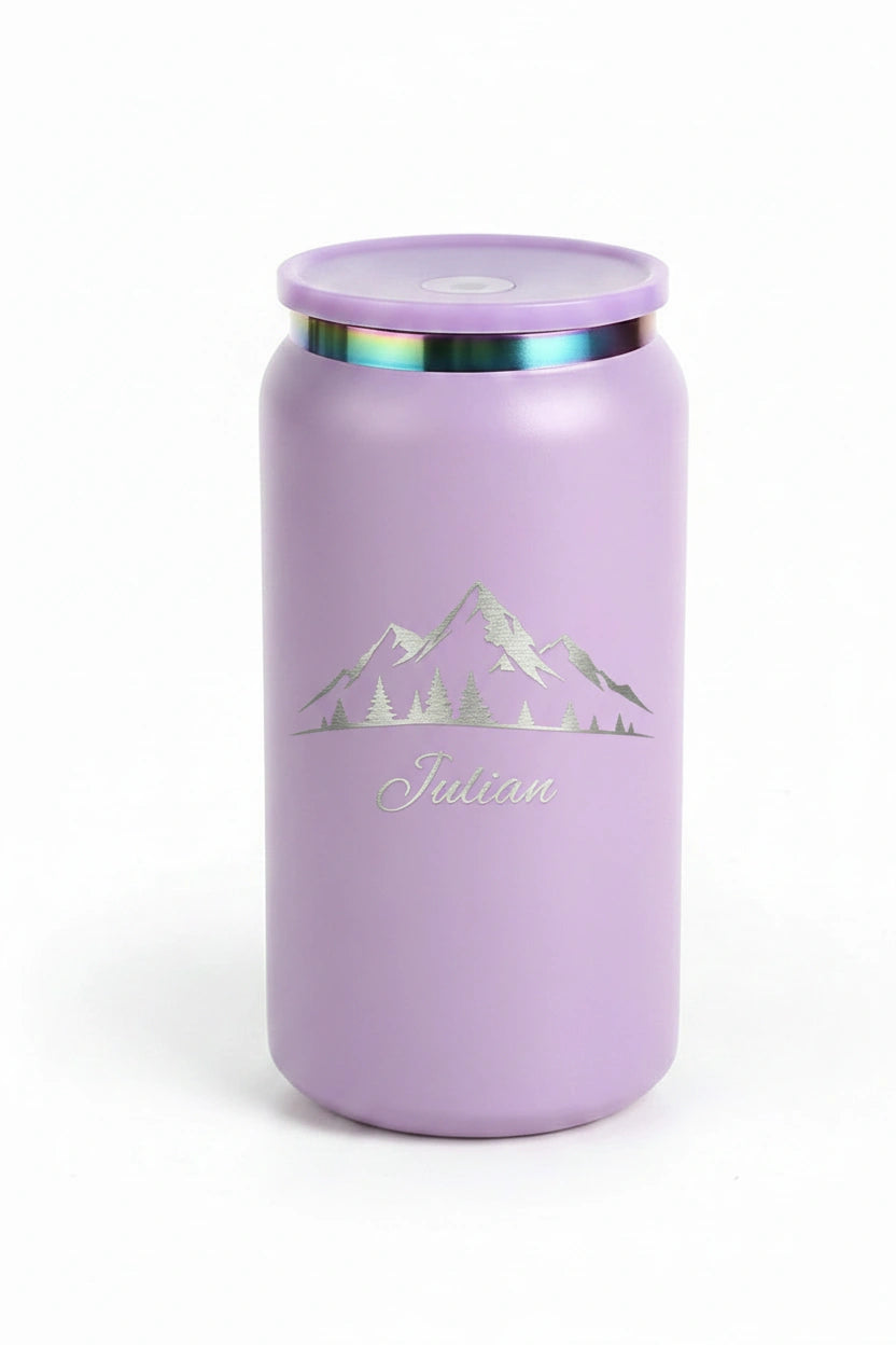 Personalized Mountain Scene Can Tumbler 16oz | Laser Engraved Iridescent Lid | Custom Name Gift