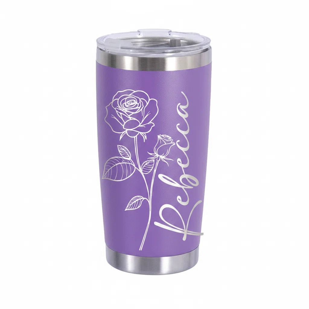 Personalized Rose Tumbler with Name | 20oz Laser Engraved Tumbler for Women — Custom Floral Design