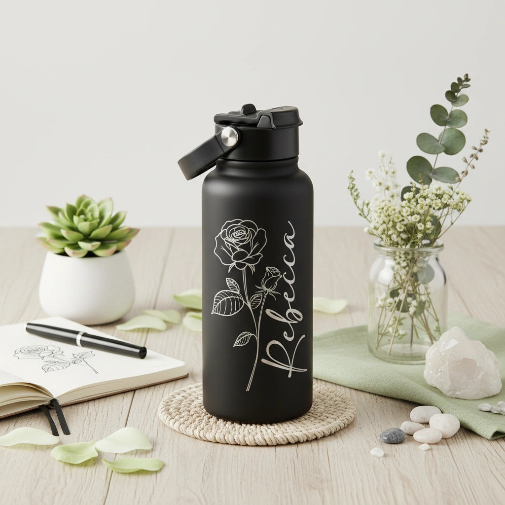 Personalized Rose Name Large Sport Water Bottle 34oz | Vertical Laser Engraved | Custom Gift for Her
