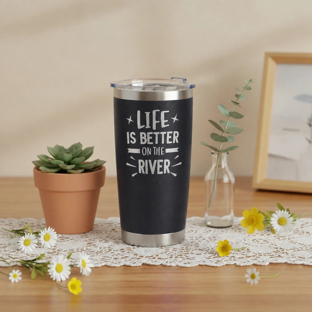 Life Is Better on the River 20oz Insulated Tumbler — Black, Laser Engraved