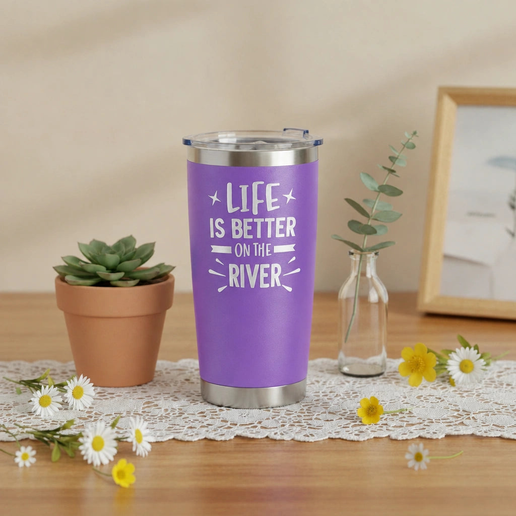 Life Is Better on the River 20oz Insulated Tumbler — Black, Laser Engraved