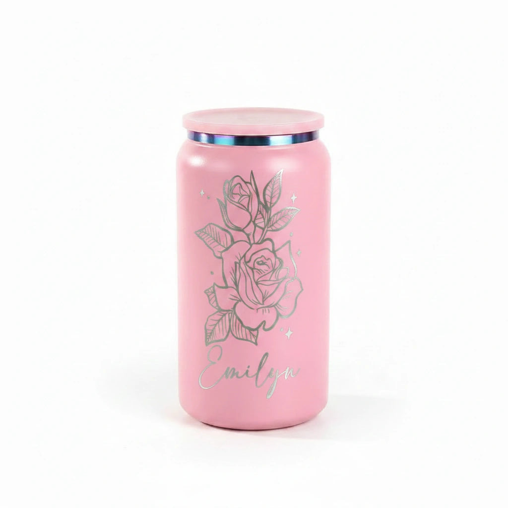 Personalized Rose Can Tumbler 16oz | Laser Engraved Iridescent Lid Custom Gift for Her