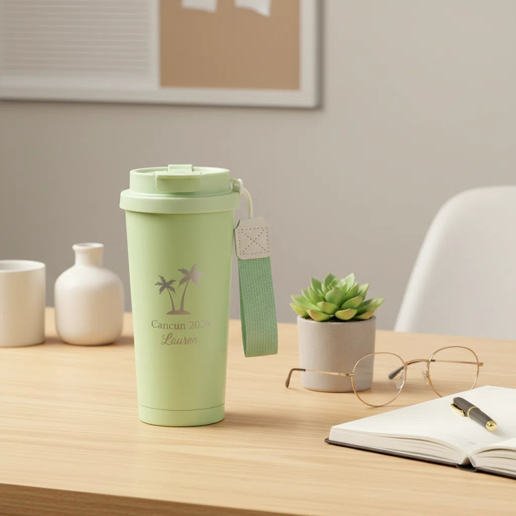 Personalized Laser Engraved Tumbler with Wrist Strap — Palm Tree Design | Custom Name & Destination