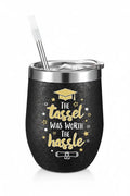 Sliner 4 Pack 2026 Graduation Cups with Lids and Straws, 12 oz Class Stemless Wine Tumblers, Black Gold Reusable Cup Gift Set for Graduation Party Favors, Students, Friends, Family