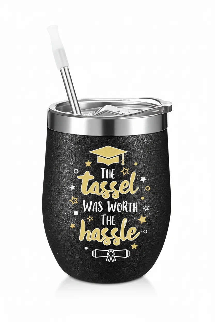 Sliner 4 Pack 2026 Graduation Cups with Lids and Straws, 12 oz Class Stemless Wine Tumblers, Black Gold Reusable Cup Gift Set for Graduation Party Favors, Students, Friends, Family