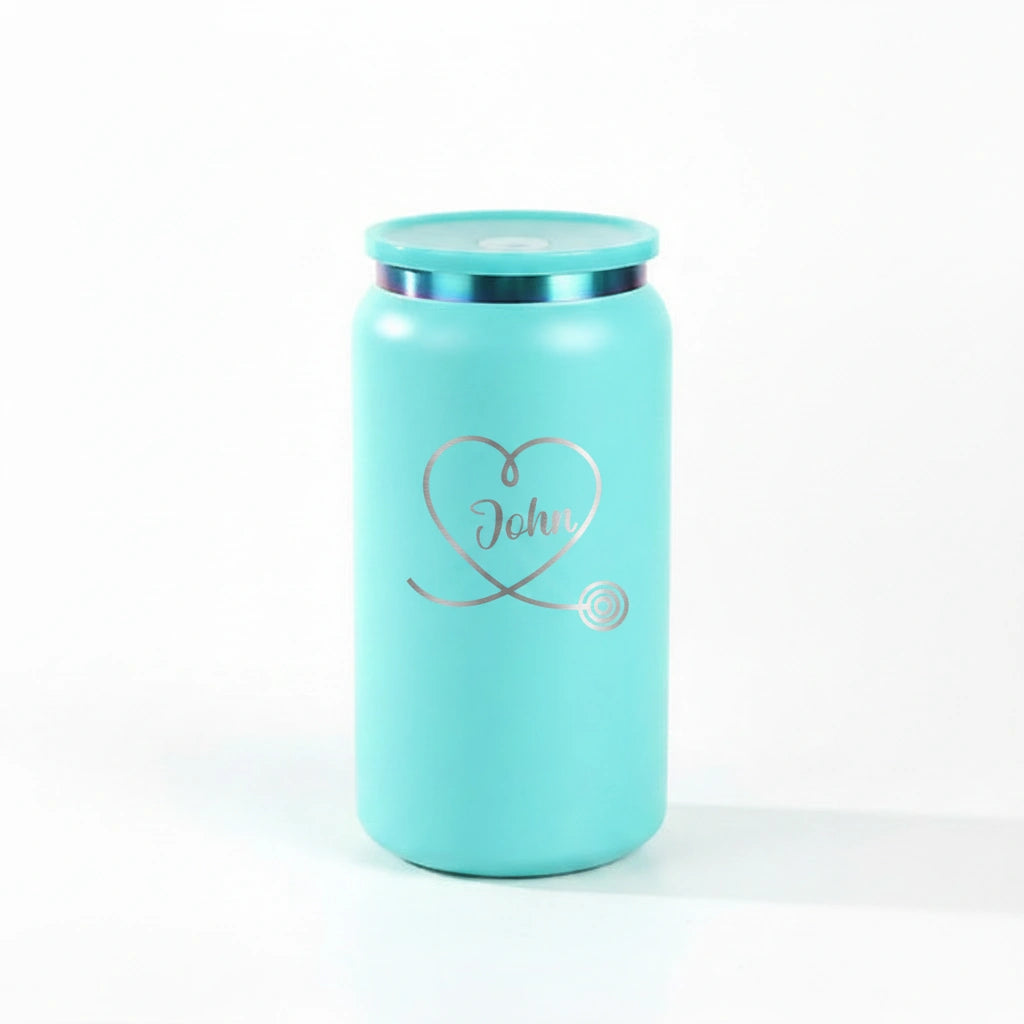 Personalized Heart Name Can Tumbler 16oz | Laser Engraved Iridescent Lid Custom Gift for Her