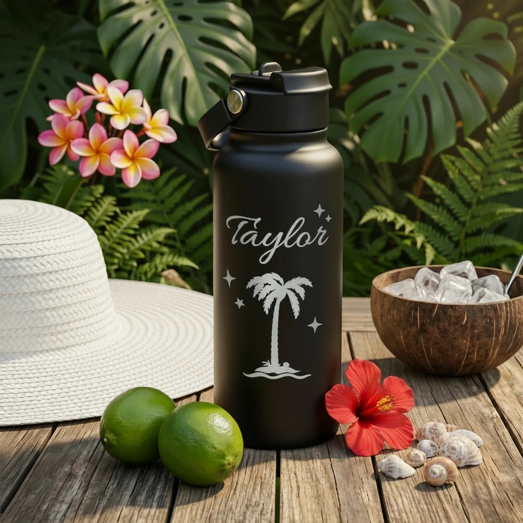 Palm Tree Personalized Water Bottle | Custom Name 1000ml Laser Engraved