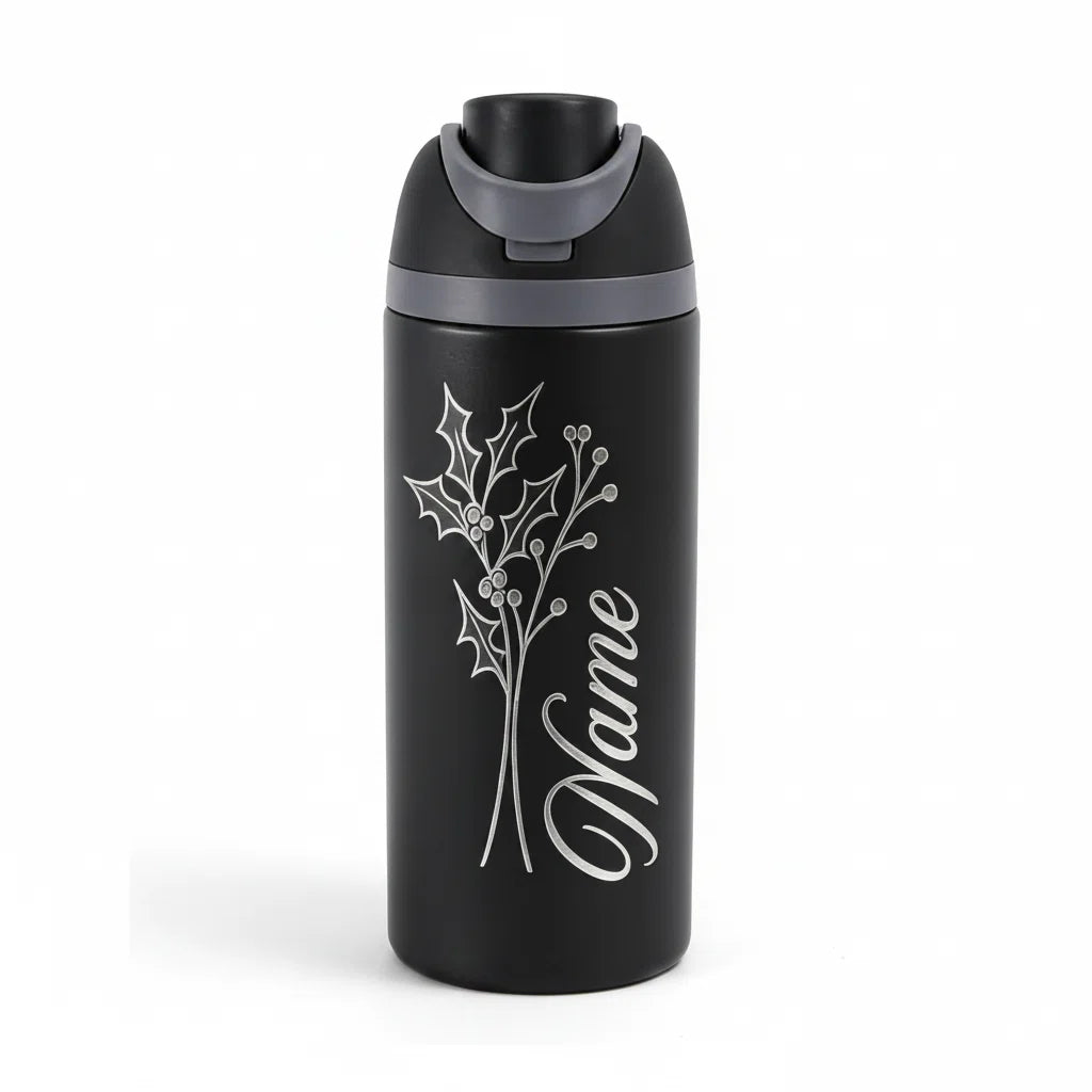 Custom Laser Engraved 24oz Insulated Sports Water Bottle — Personalized Name & Botanical Design