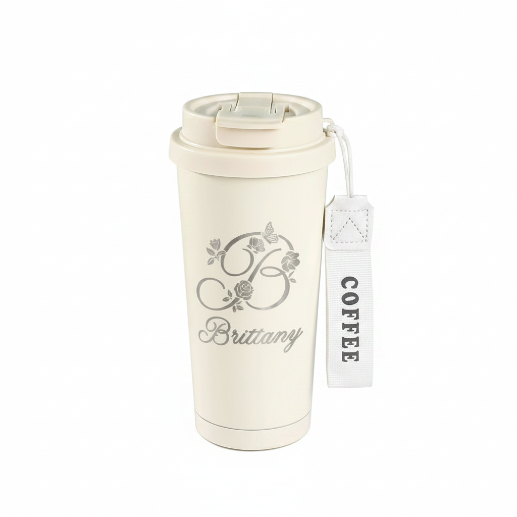 Personalized Laser Engraved Tumbler with Wrist Strap — Custom Monogram & Name | Rose Butterfly Design