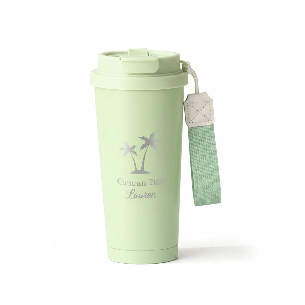 Personalized Laser Engraved Tumbler with Wrist Strap — Palm Tree Design | Custom Name & Destination